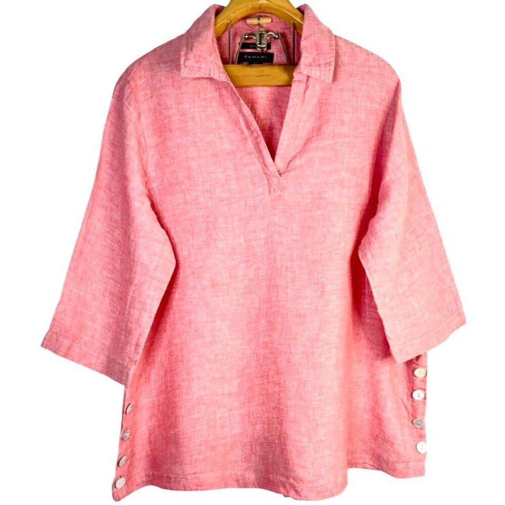 Tahari Womens Plus 3X Coral Pink 3/4 Sleeve 100% Linen Tunic Shirt Blouse Sz: 1X